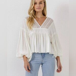 NEW Free The Roses White Linen Bohemian Blouse Small Balloon Sleeve Glam Chic